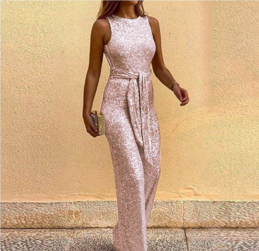 Dame Glamorous Maxi Kjole med Glitrende Paillettkant og Elegant Midjebånd