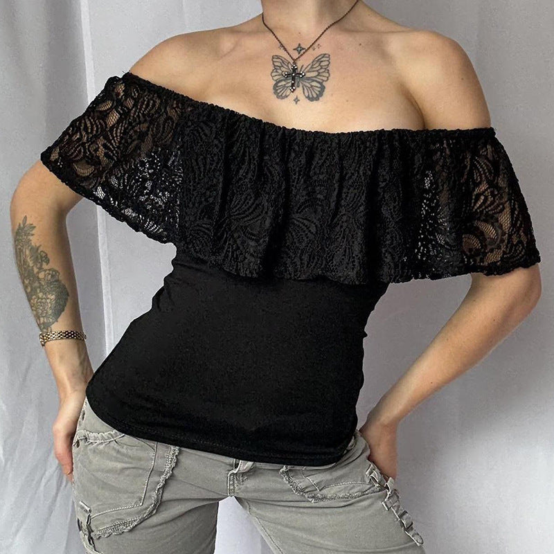 Dame Off-Shoulder Overdel med volangdetaljer og elegante spissaksenter Skjora