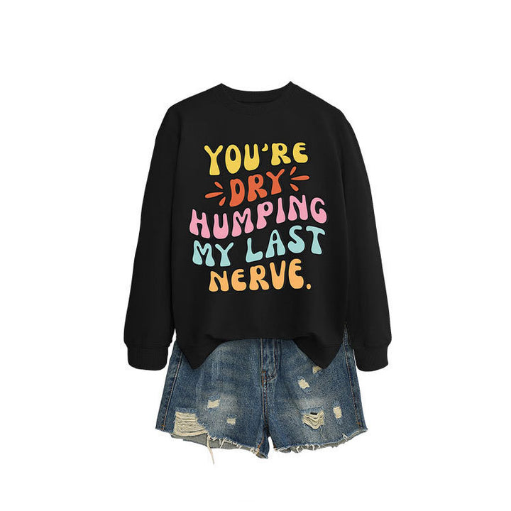 Dame sweatshirt med munter tegneserie slagord og uformell snitt Skjora