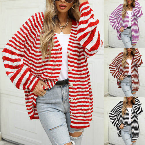 Dame casual cardigan med bred stripe mønster og knapp detalj Skjora