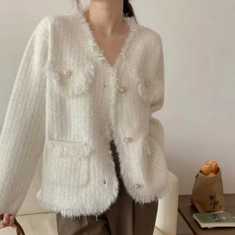 Kvinne cardigan med dekorative perler og frynsete detaljer Skjora