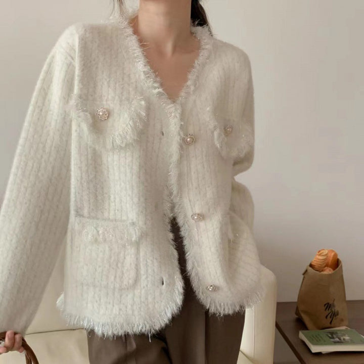 Kvinne cardigan med dekorative perler og frynsete detaljer Skjora