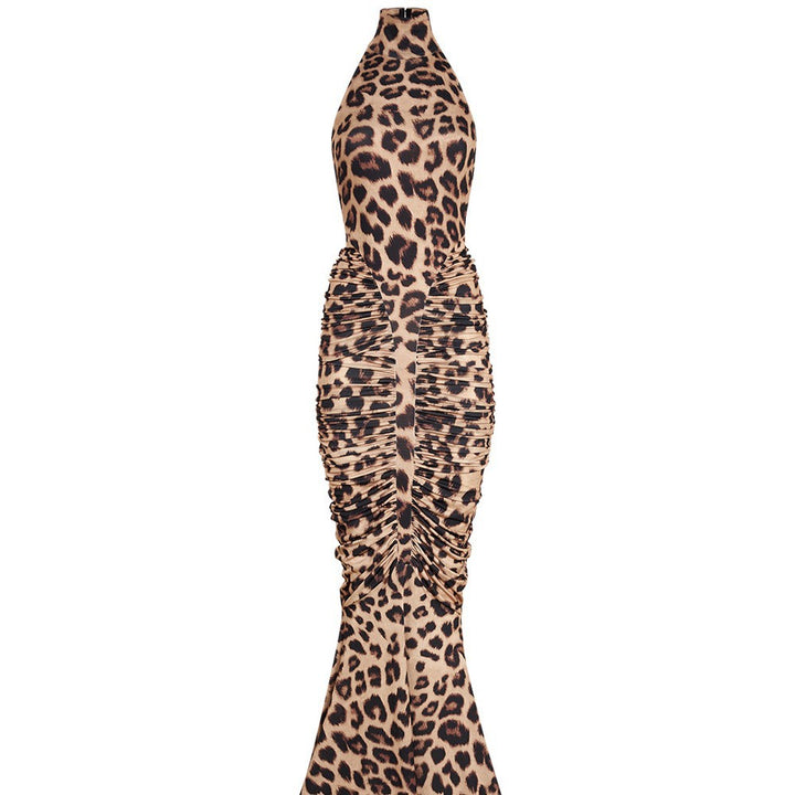 Damer Elegant Leopardmønster Maxikjole med høye krager og raffinerte snitt Skjora