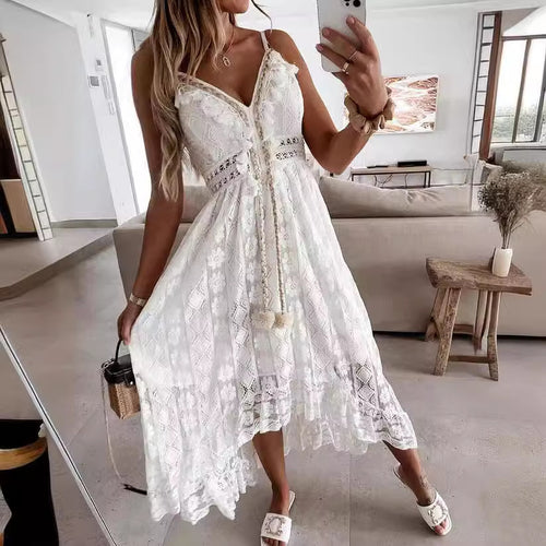 Damen Boho-Maxikleid mit Spitzenakzenten und dekorativen Quasten Skjora