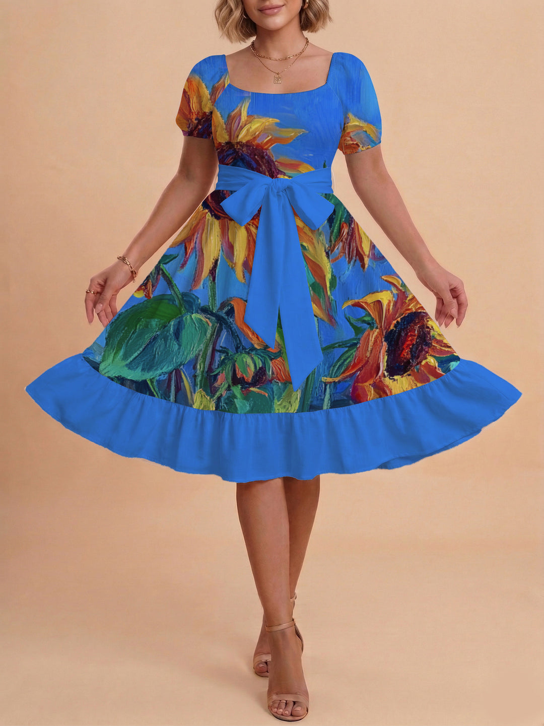 Damen schickes Glitzerkleid mit tailliertem Schnitt und Rüschensaum Skjora