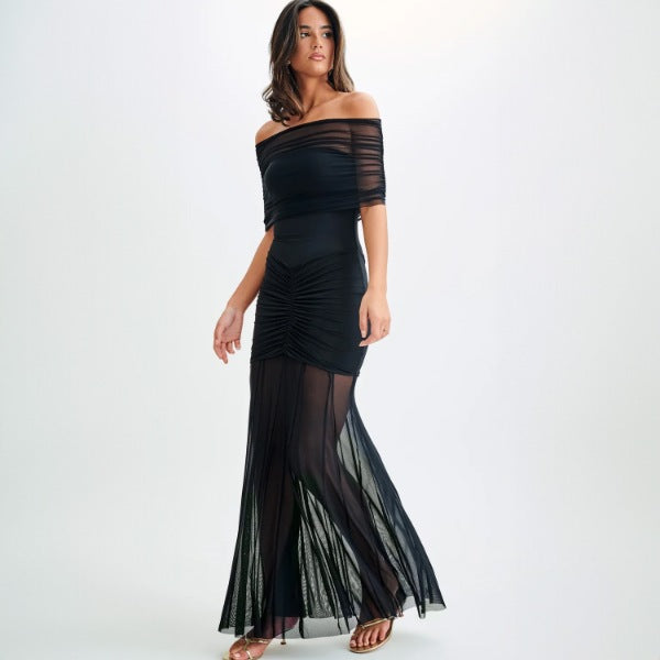 Damer Elegant Maxi-Kjole med skulderløs design og rysjer Skjora