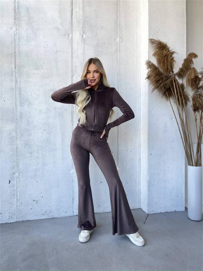 Kvinnenes sporty velour hettegensere og bukse sett Skjora