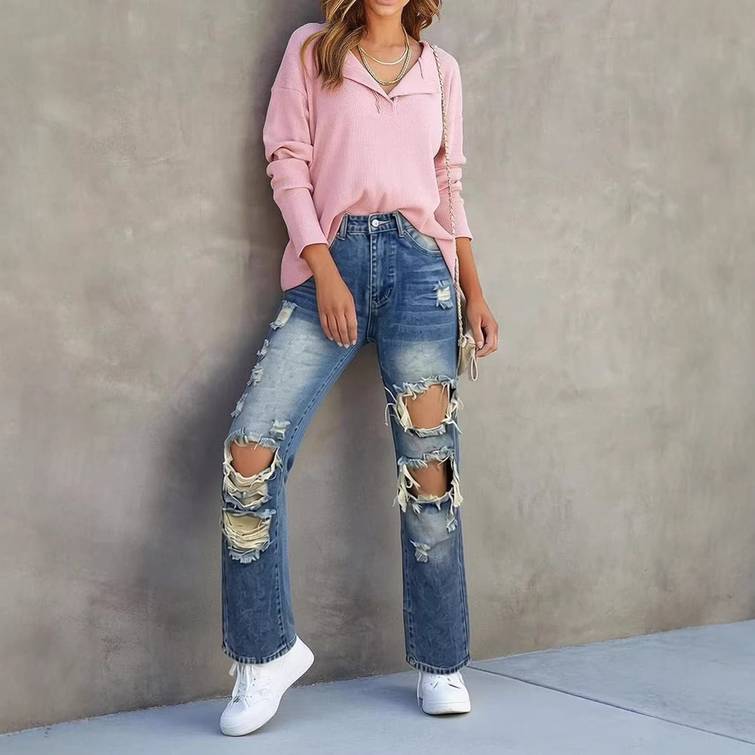 Dame casual Destroyed Jeans med bred ben og trendy revnedetaljer Skjora