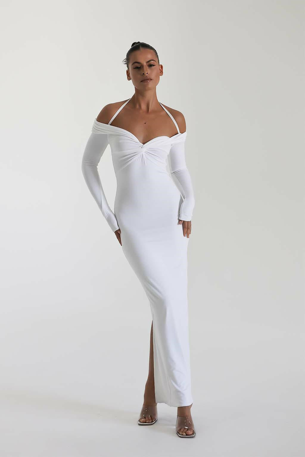 Dame Maxi-kjole med Off-Shoulder-design og elegant splitt Skjora