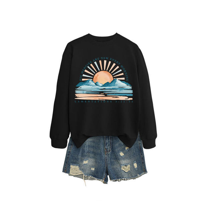Kvinne sweatshirt med inspirerende soloppgang design og avslappet passform Skjora