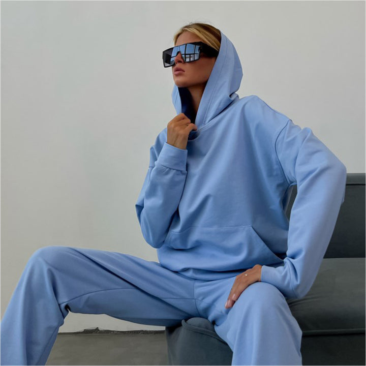 Dame hoodie og joggebukse sett med elastisk midje og avslappet passform