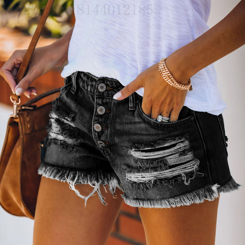 Dame casual ødelagte denimshorts med knappedetaljer og frynset kant Skjora
