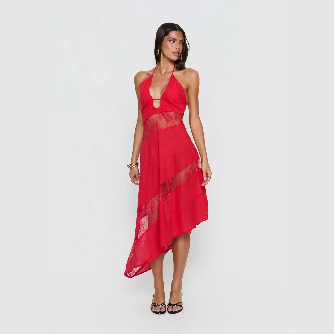 Women's halter neck dress with sheer inserts and asymmetric hem Skjora