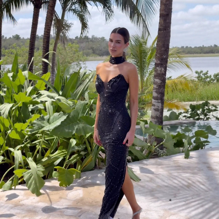 Damer Glamorous Kveldskjole med Glitrende Detaljer og Slim Fit