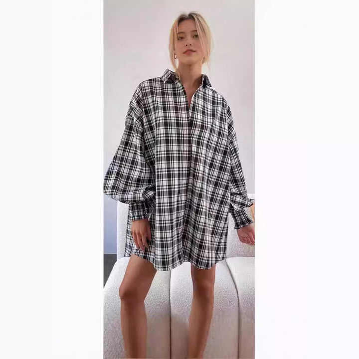 Kvinne Rutet Oversized Skjorte med Casual Snitt Skjora