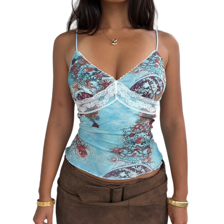 Dame spiss-camisole med blomstermønster Skjora