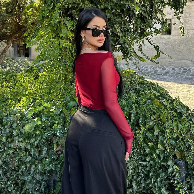 Women's elegant wrap shirt with off-the-shoulder design and transparent sleeves Skjora