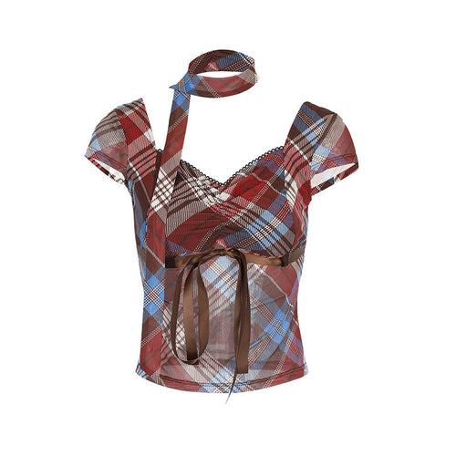 Dame Elegant rutete bluse med justerbart belte og spissdetaljer Skjora