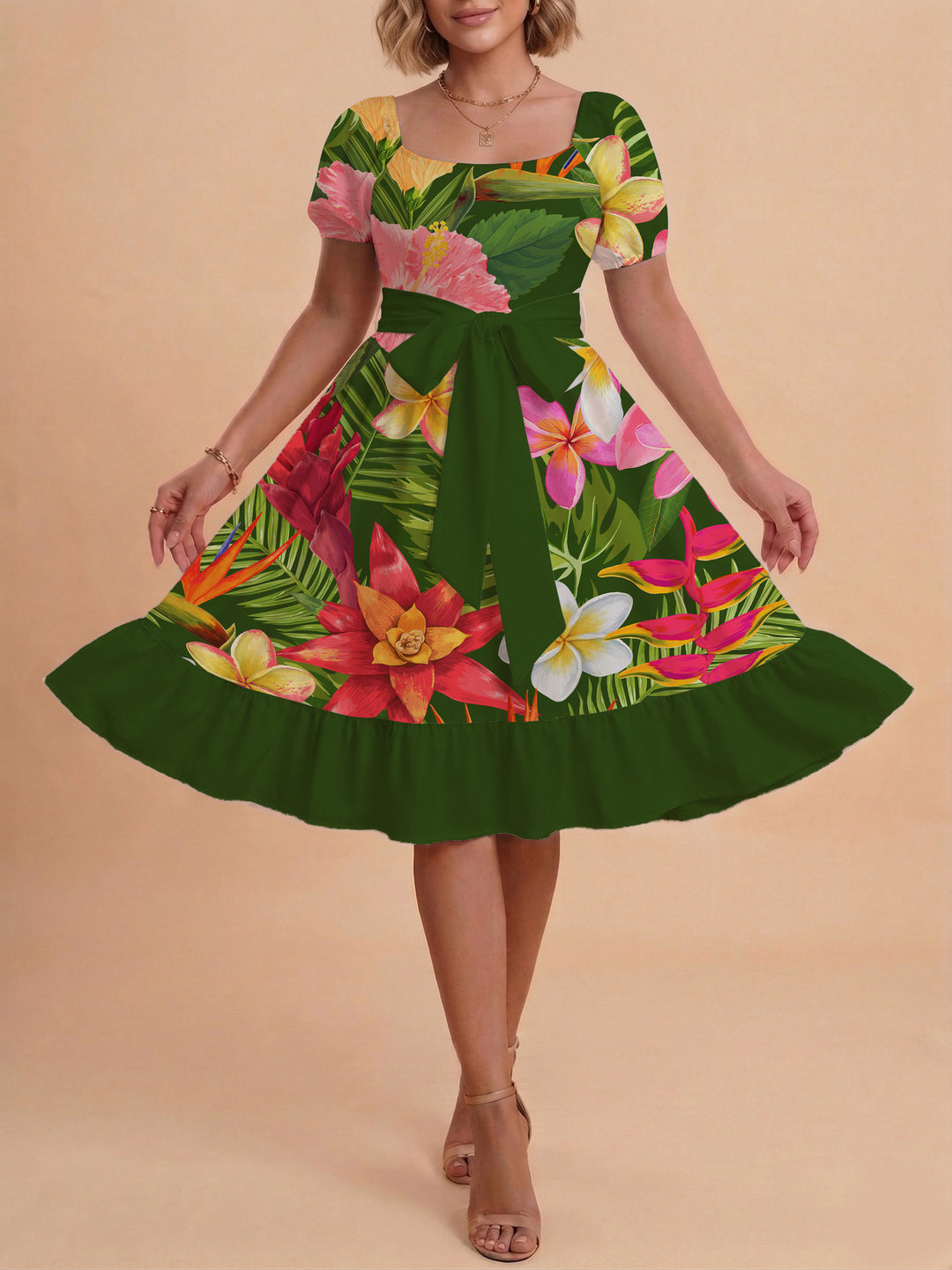 Damen modernes Blumenkleid mit elegantem Taillengürtel und asymmetrischem Saum Skjora