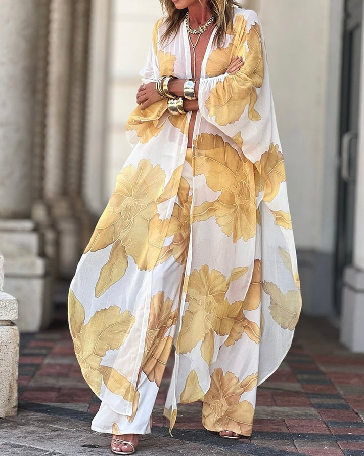 Kvinne Langermet Kimono med Blomster Mønstre og Strømmende Stoff Skjora