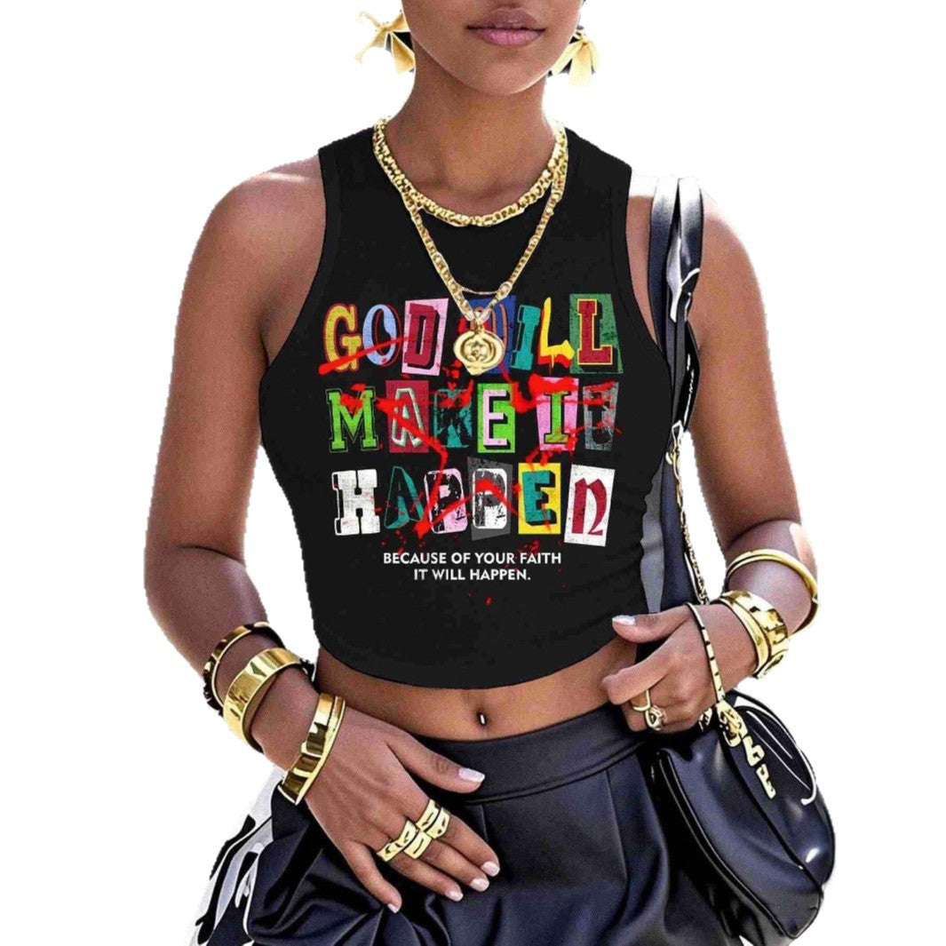 Dame Crop-Top med kreativ tekst og moderne grafisk design Skjora