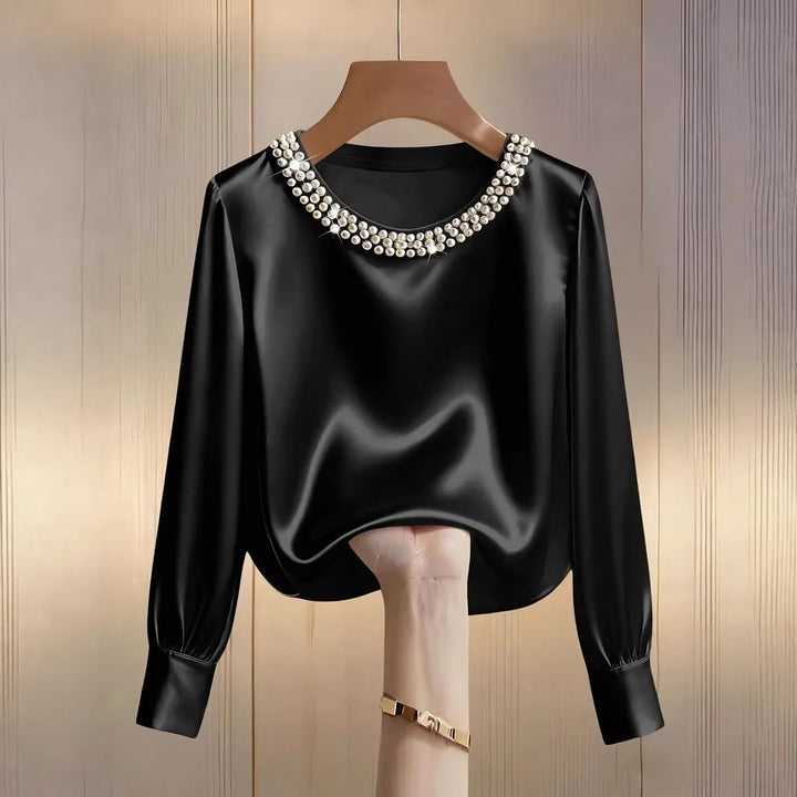 Dame elegant satenglosse bluse med perlekra Whisper