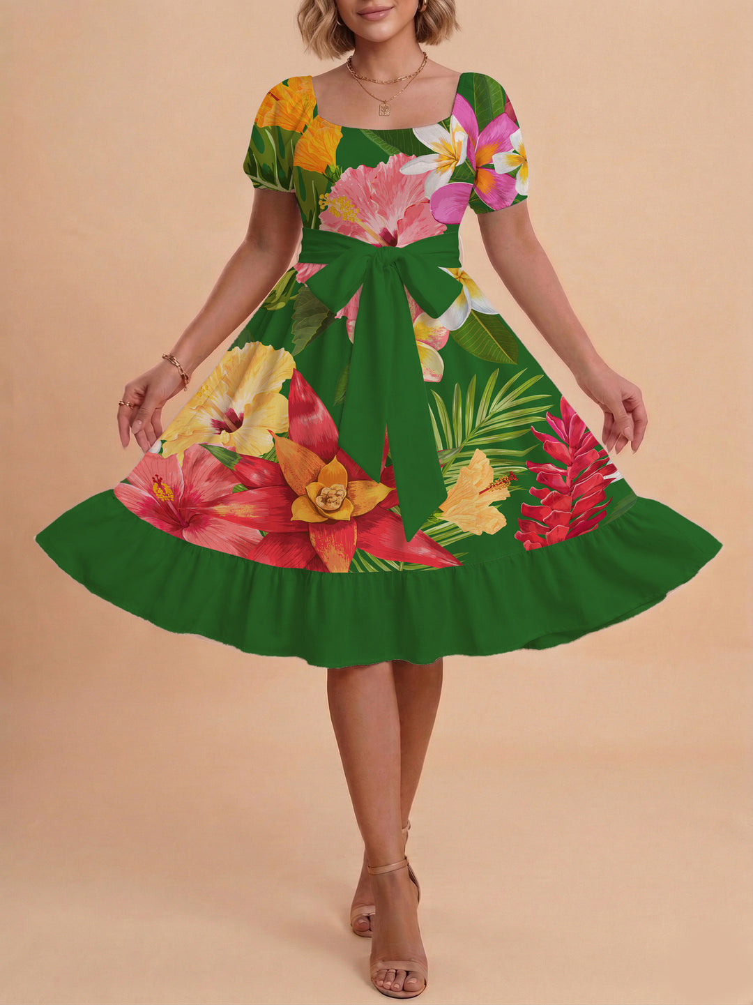 Damen modernes Blumenkleid mit elegantem Taillengürtel und asymmetrischem Saum Skjora
