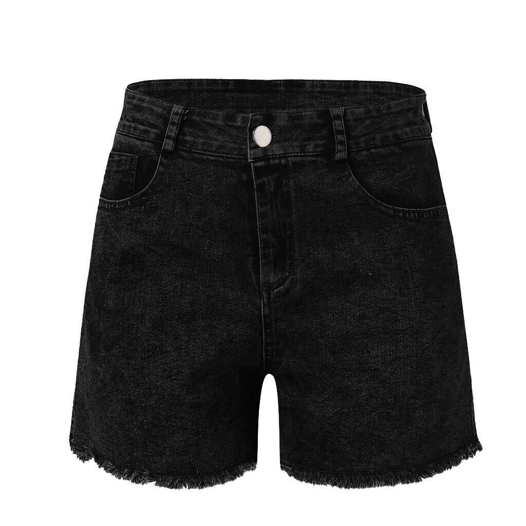 Dame høyt liv denim shorts med frynset søm Skjora