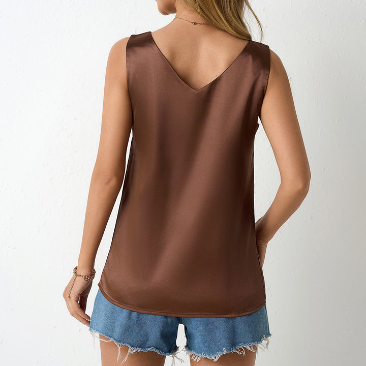 Dame Satin Cami-Topp med elegant V-utringning og smale stropper Skjora