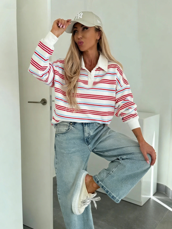 Kvinnenes stripete polo sweatshirt med kontrastkrage og oversized passform Skjora
