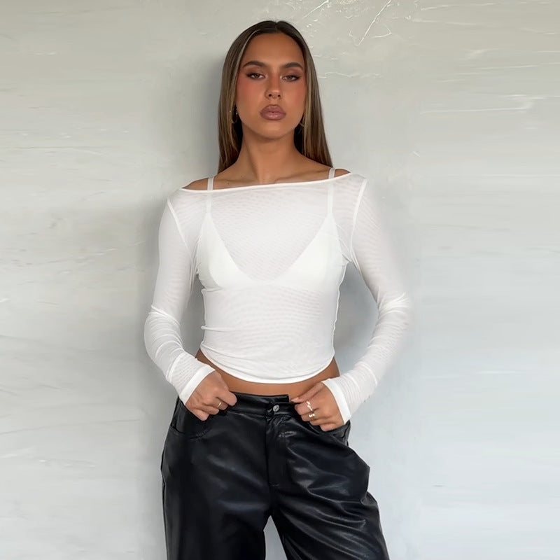 Dames langermet topp med transparent mesh-design og off-shoulder utseende