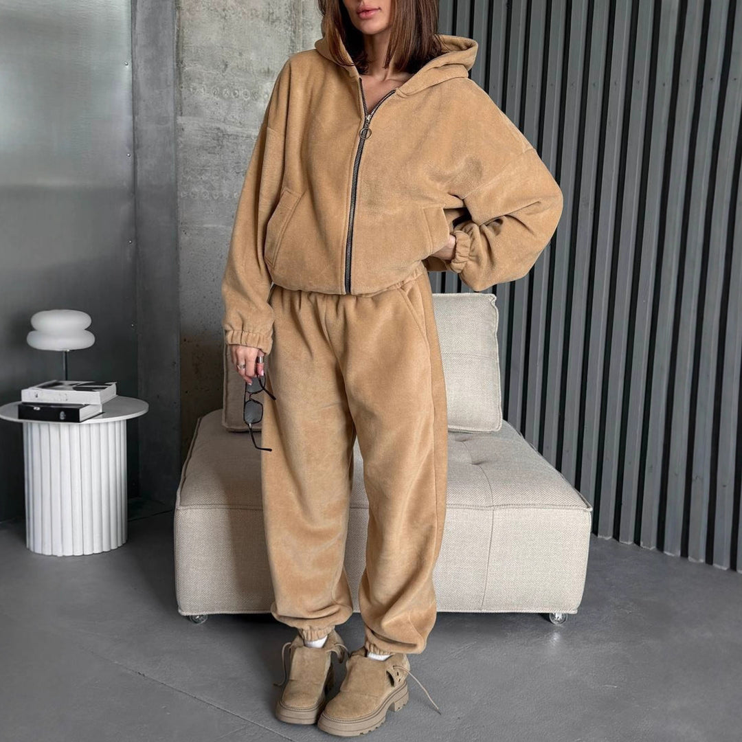 Damer Komfortabel Velour Hoodie Treningsdress med Glidelås Skjora