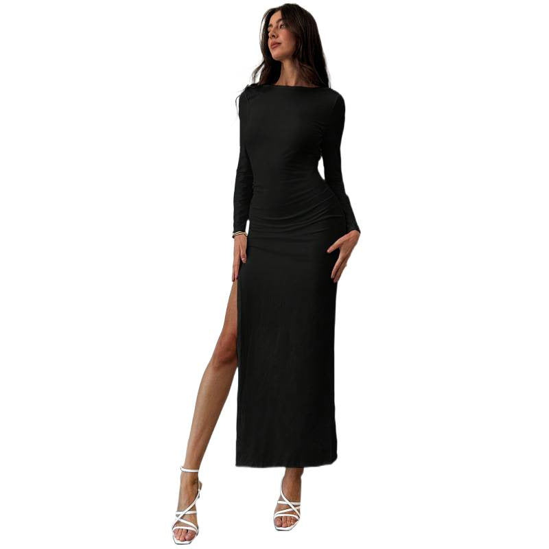 Women's maxi dress with deep back and stylish slit Skjora