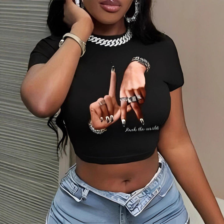 Dame Crop-Top med kunstnerisk statement-trykk Skjora