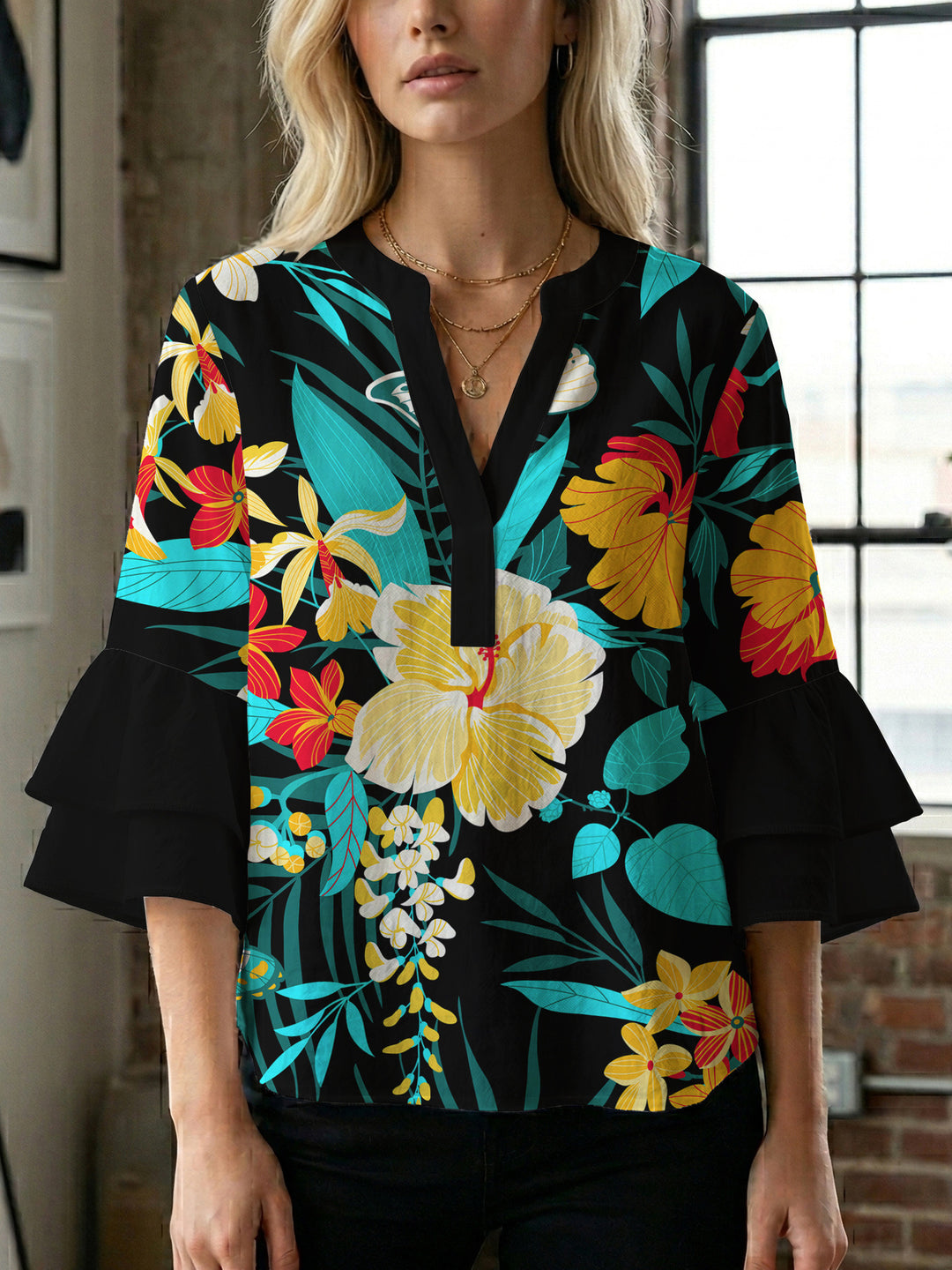 Dame bluse skjorte med voluminøse ermer og blomster mønster Skjora
