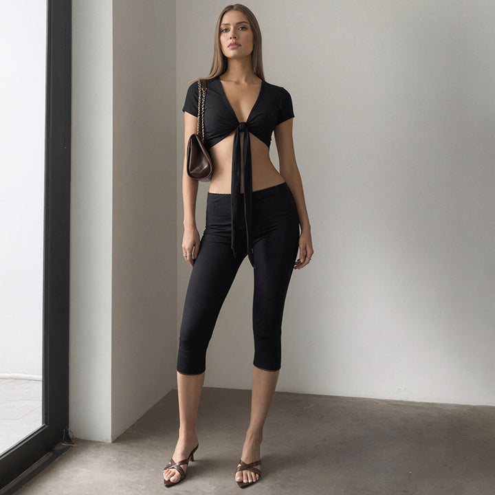 Dame trendy Crop-Top med snøring og tettsittende leggings Skjora