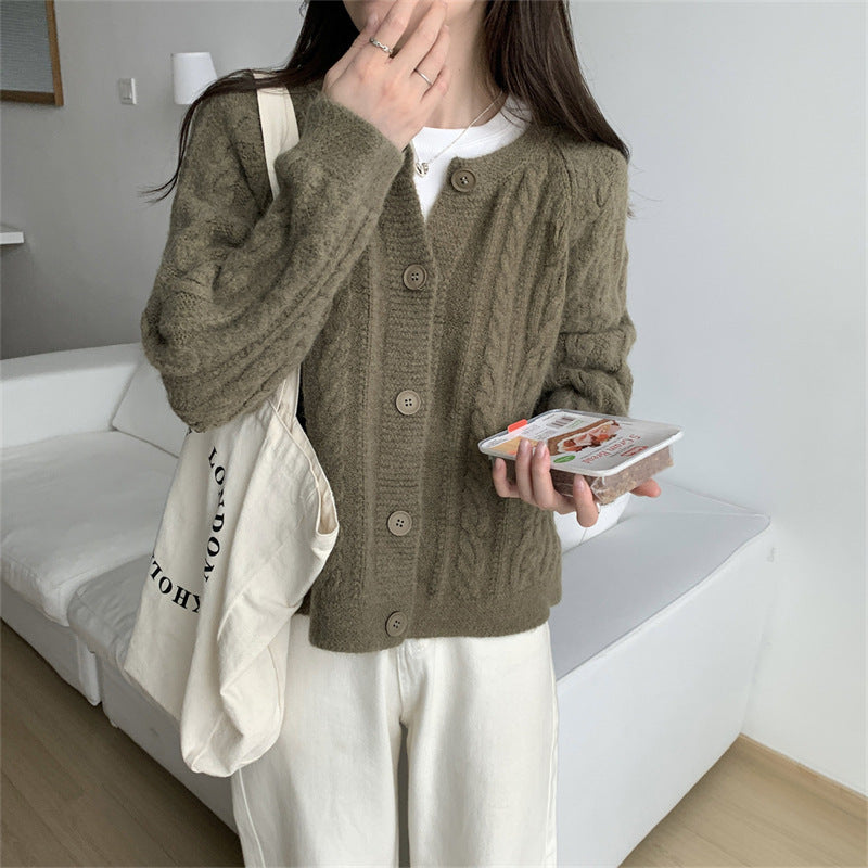 Damer chunky strikk cardigan med kabelmønster og vide ermer Skjora
