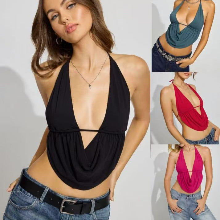 Dame casual halter-top med dyp V-hals og asymmetrisk drapering Skjora