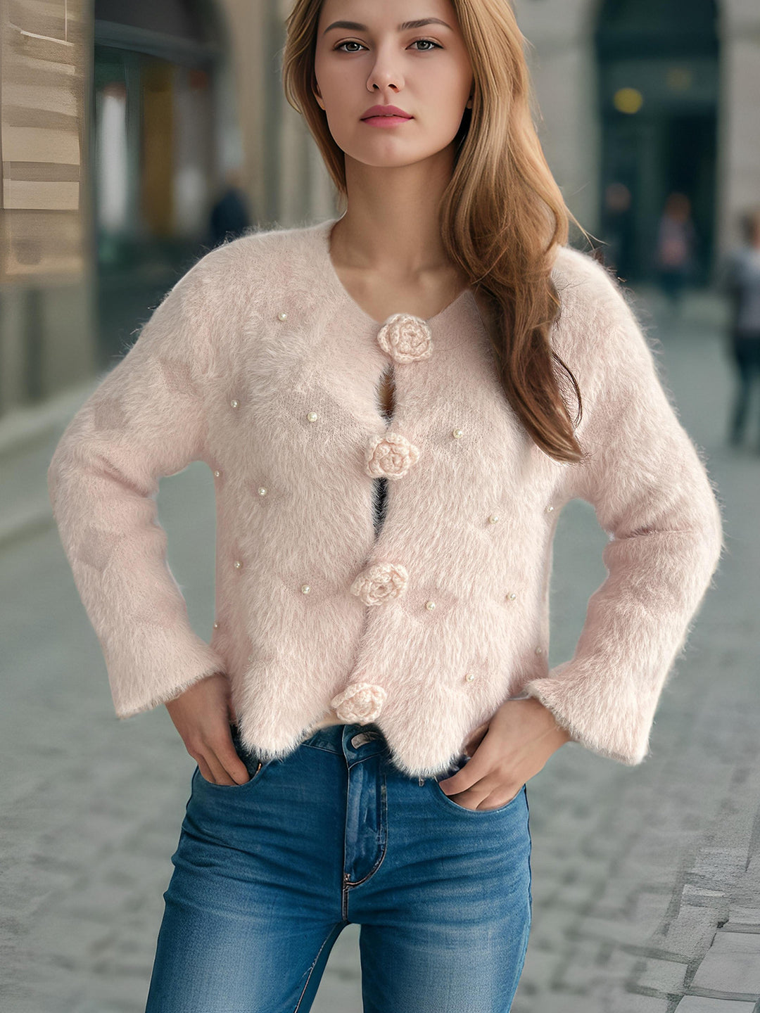 Dame fin cardigan med blomsterapplikasjoner og perleakcenter Skjora