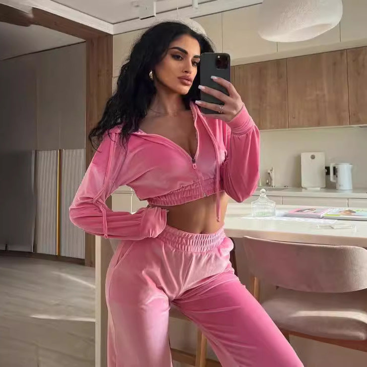 Kvinnens sporty fleece loungewear-set med høyt liv og glidelås Skjora