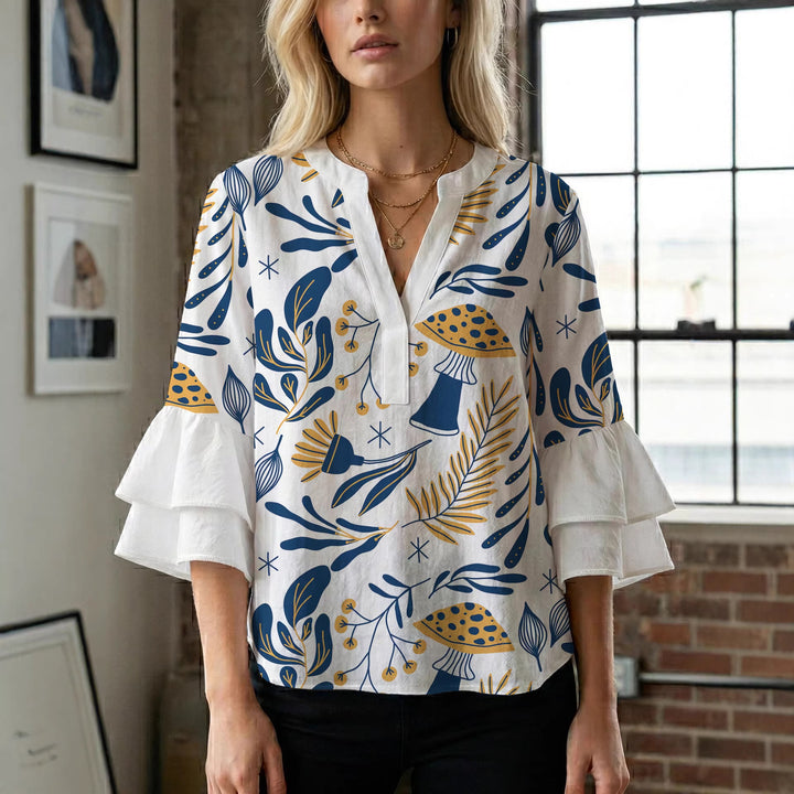 Damer Elegant topp med voluminøse rynkete ermer og blomstertrykk Skjora