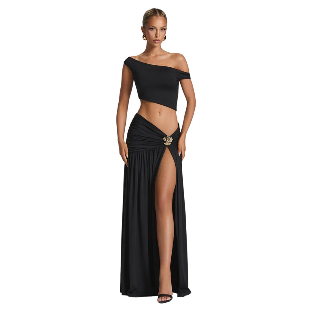 Dame Elegant Crop Top og Høyutskåret Maxi skjørt Sett Skjora