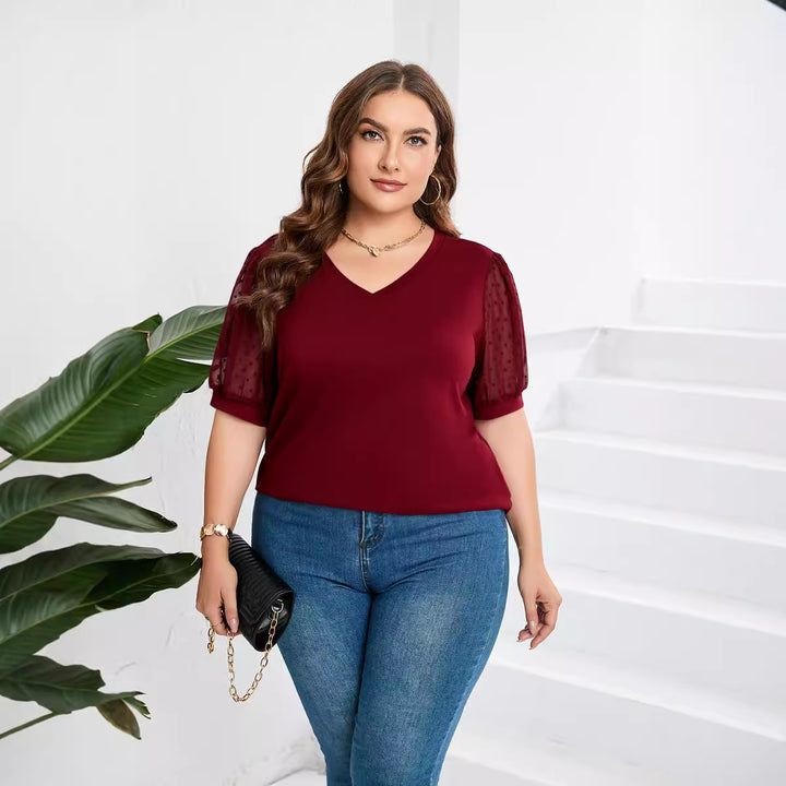 Dame elegant bluse skjorte med transparente puff ermer og V-hals Skjora