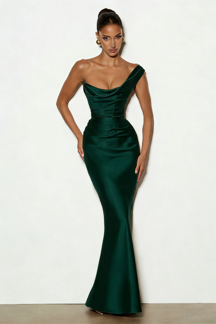 Damer Elegant Satin Lang Kveldskjole med asymmetrisk snitt og figurskinnende design Skjora