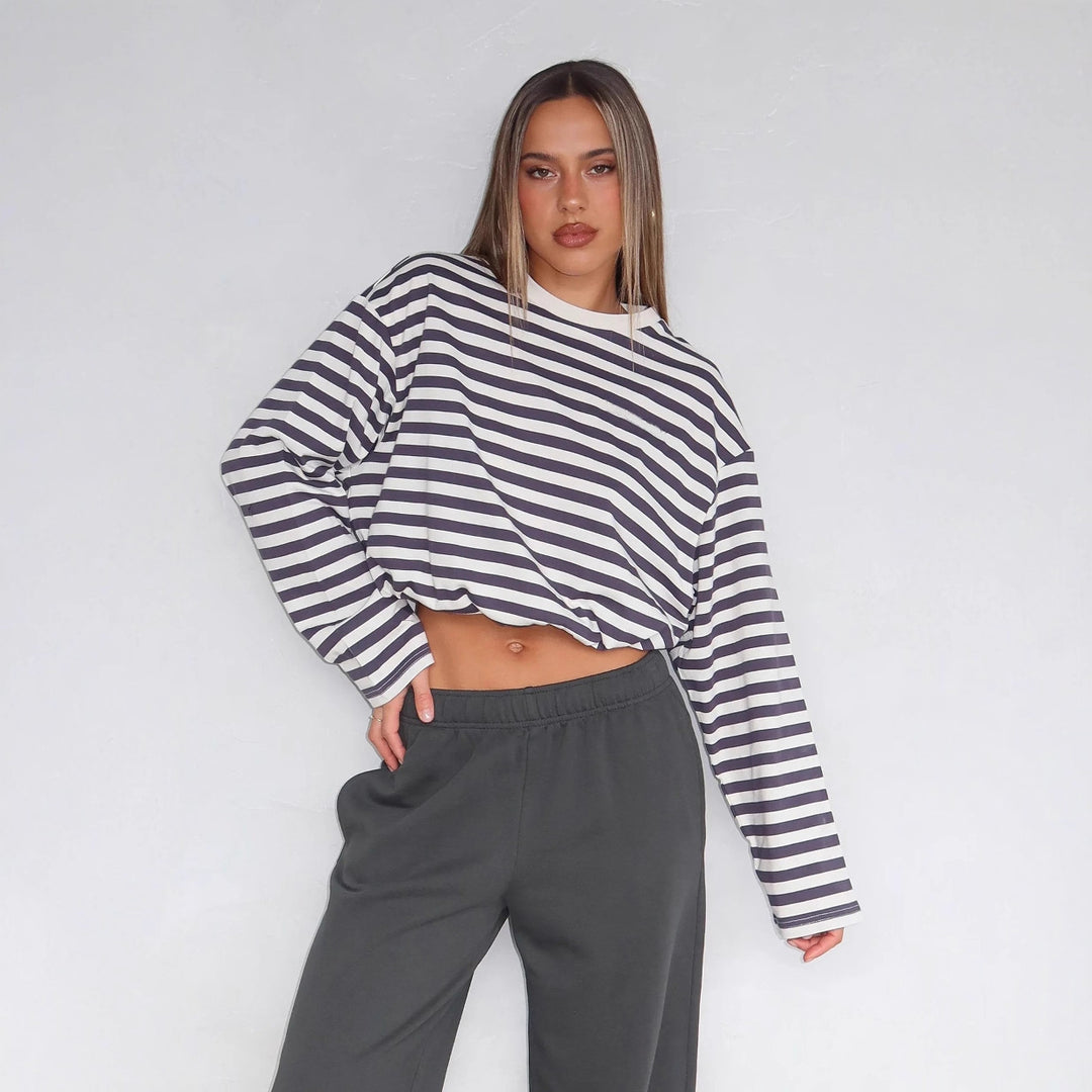 Kvinnenes cropped sweatshirt med striper og elastisk midjebånd Skjora