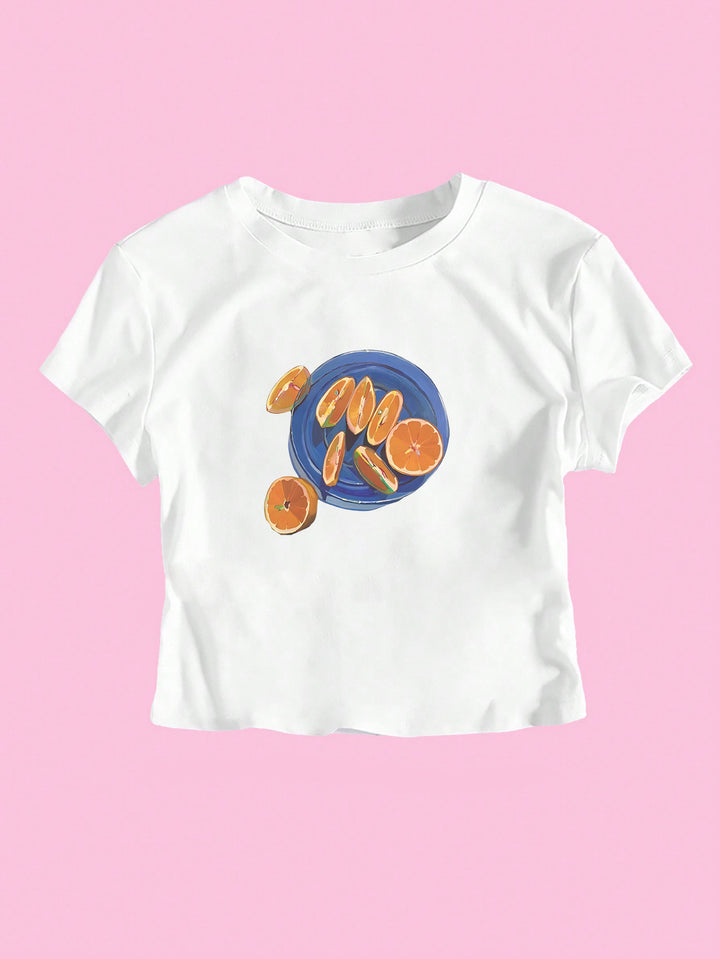 Dame Crop-T-skjorte med fruktig design og avslappet snitt Skjora