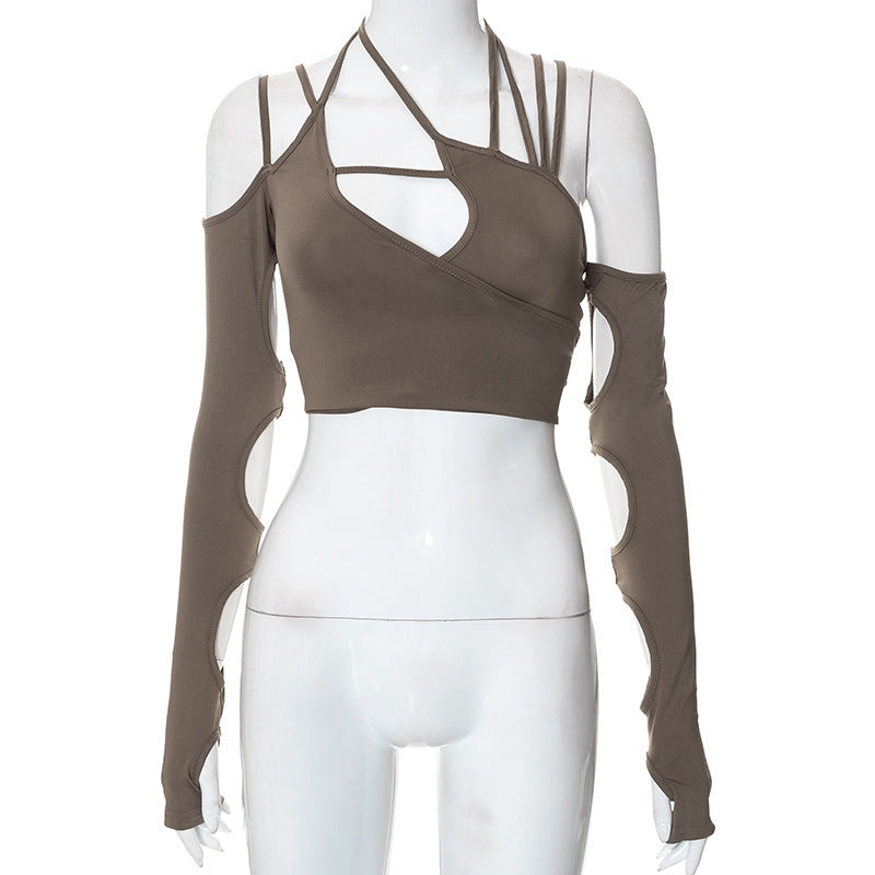 Dame innovativ cropped topp med asymmetrisk design og lange ermer Skjora