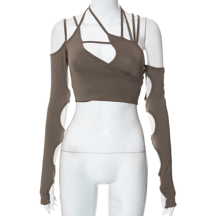 Dame innovativ cropped topp med asymmetrisk design og lange ermer Skjora