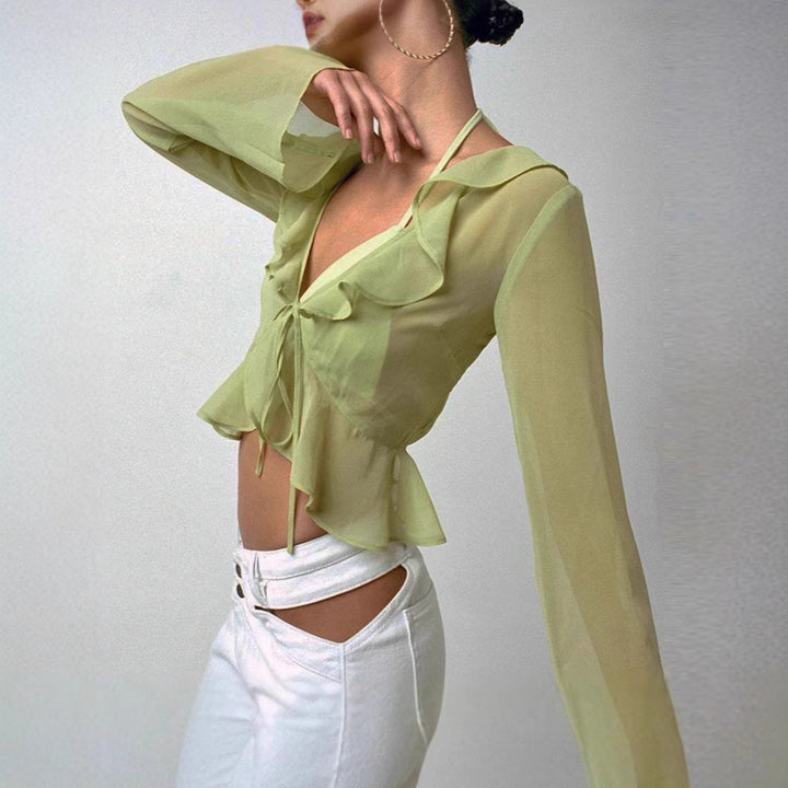 Damer Transparent Langermet Bluse med Volanger og Bindebelte Skjora