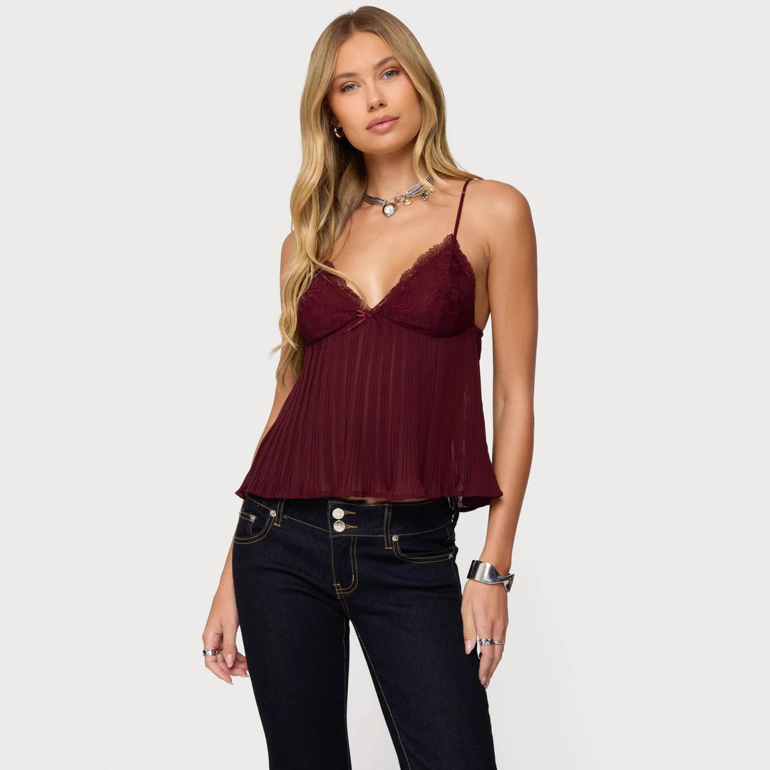 Damen Chiffon Top mit Spitzenakzenten und plissiertem Design Skjora